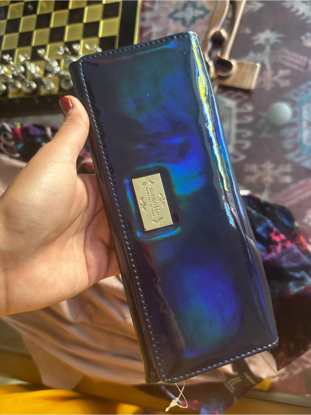 Iridescent Blue Patent Long Wallet with Logo Plaque